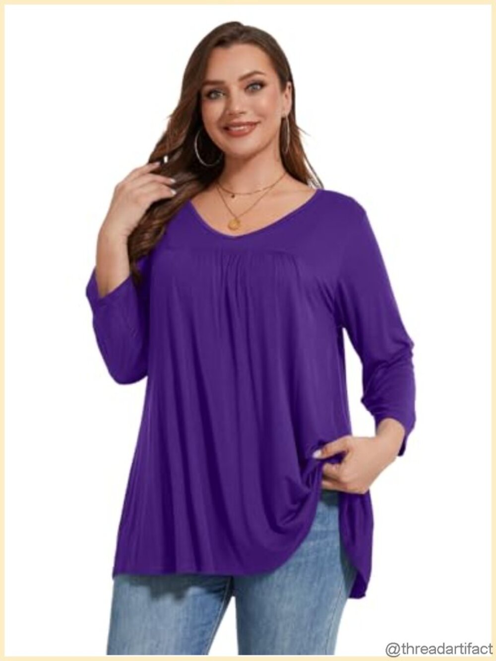 Women's Plus Size Tunic Top 3/4 Sleeve V-Neck Pleated Loose Fit T-Shirt